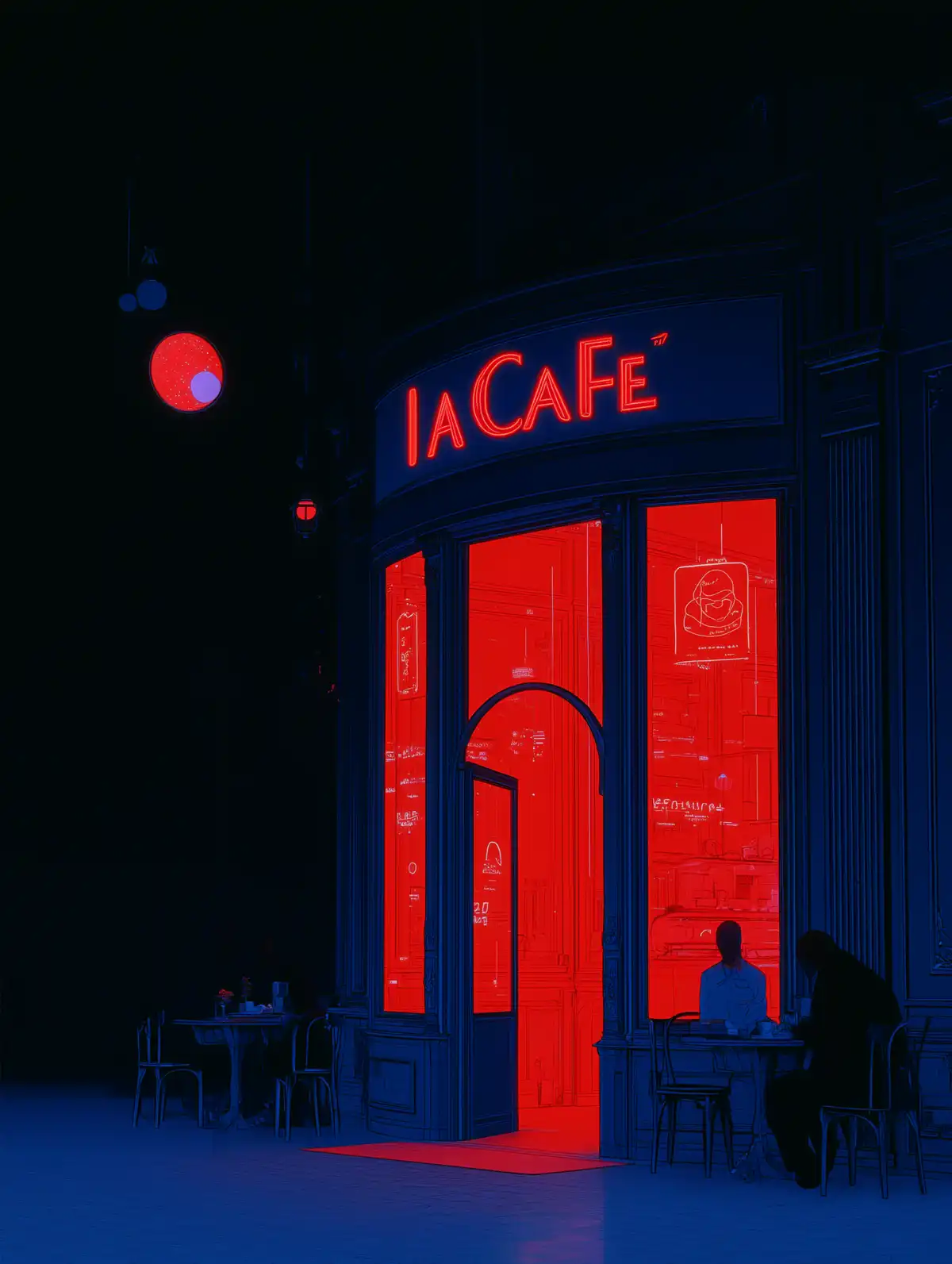 Façade nocturne d’un café éclairé en rouge, avec l’enseigne « IA CAFÉ », illustration de l’Insight sur le prompt engineering et la conversation avec l’IA.