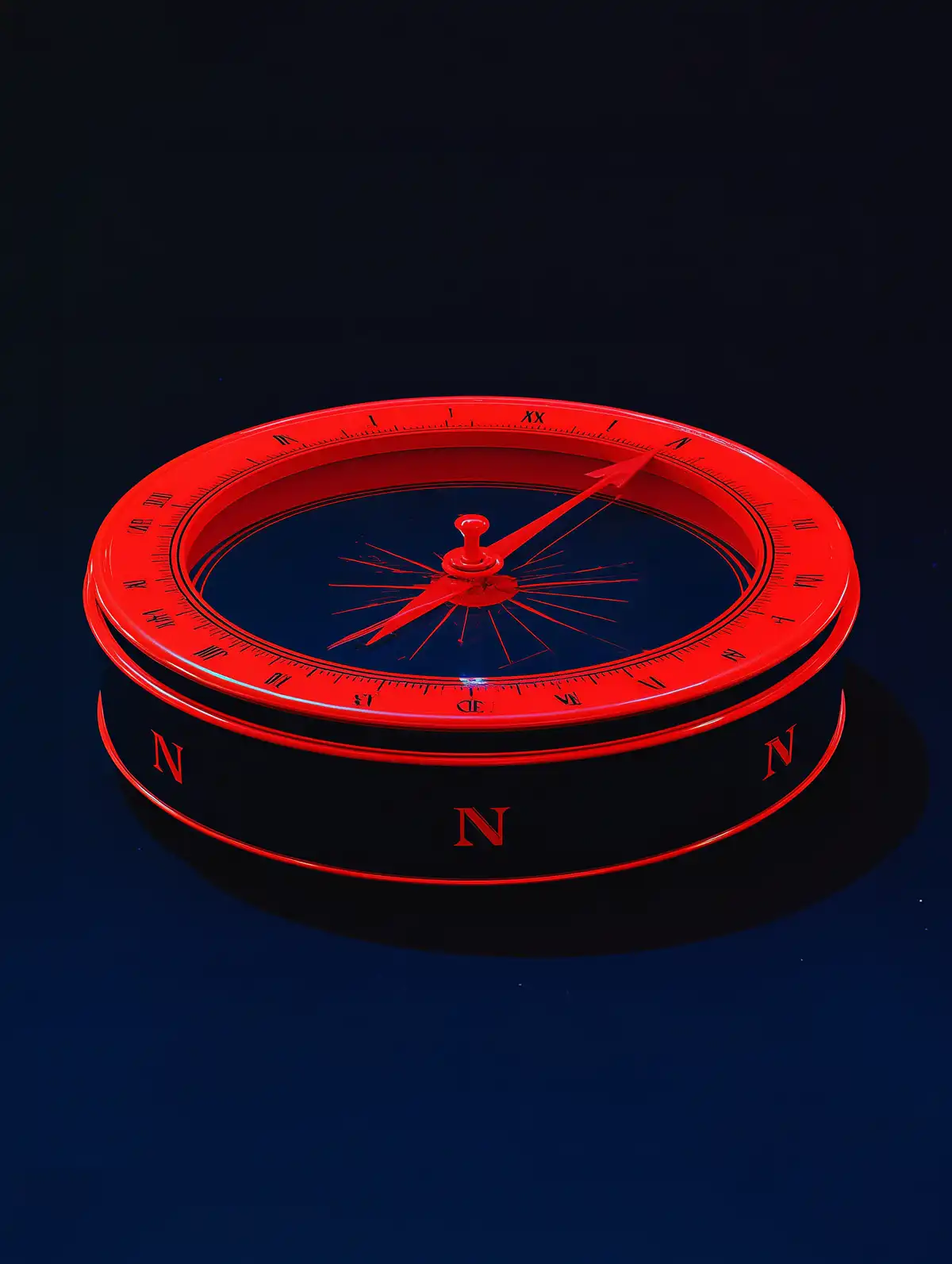 Boussole rouge sur fond bleu nuit dont tous les points cardinaux indiquent le nord.