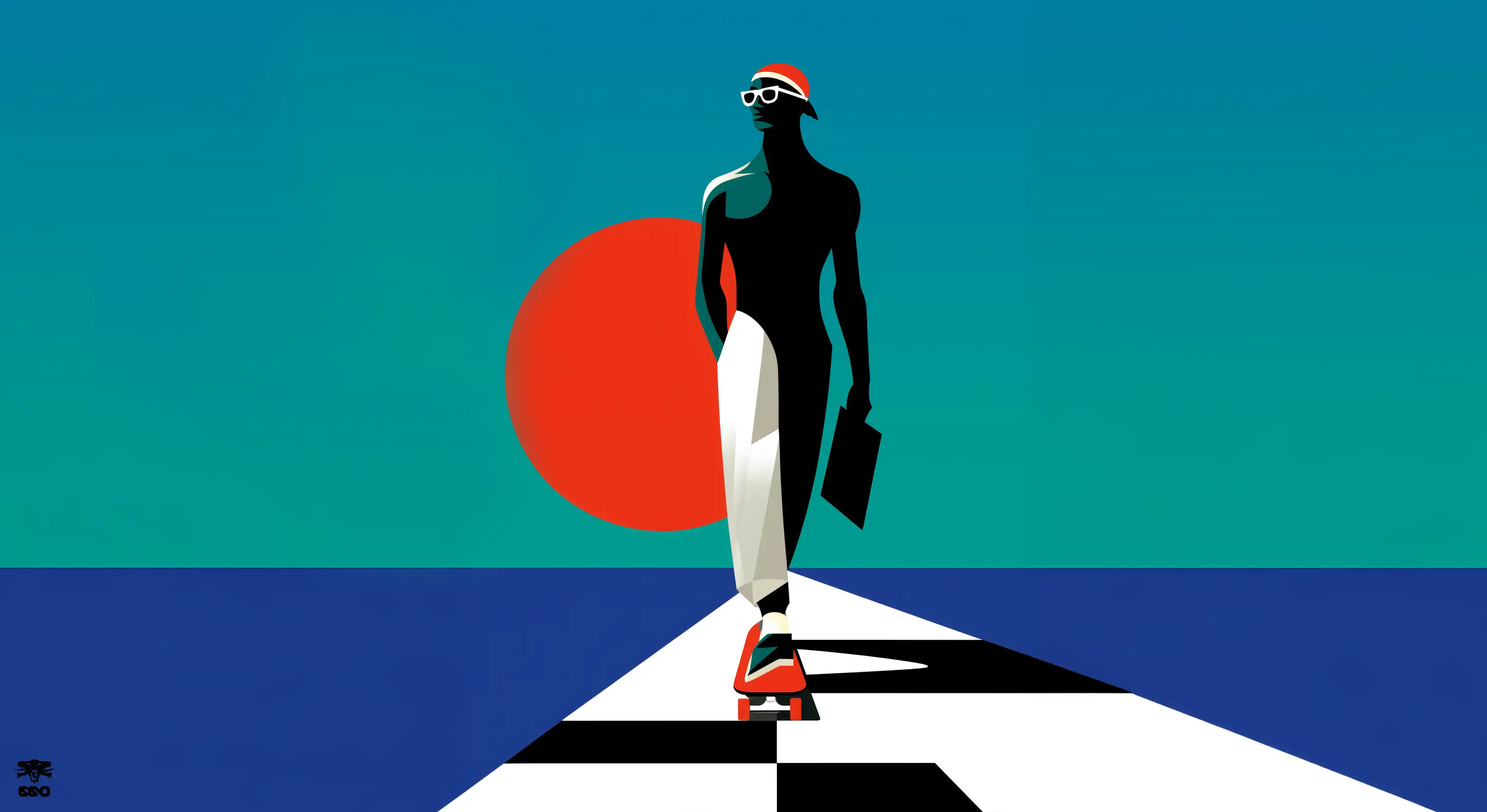 Illustration d’un personnage stylisé avançant sur une trajectoire graphique, évoquant un agent autonome guidant les choix et les décisions d’un utilisateur.