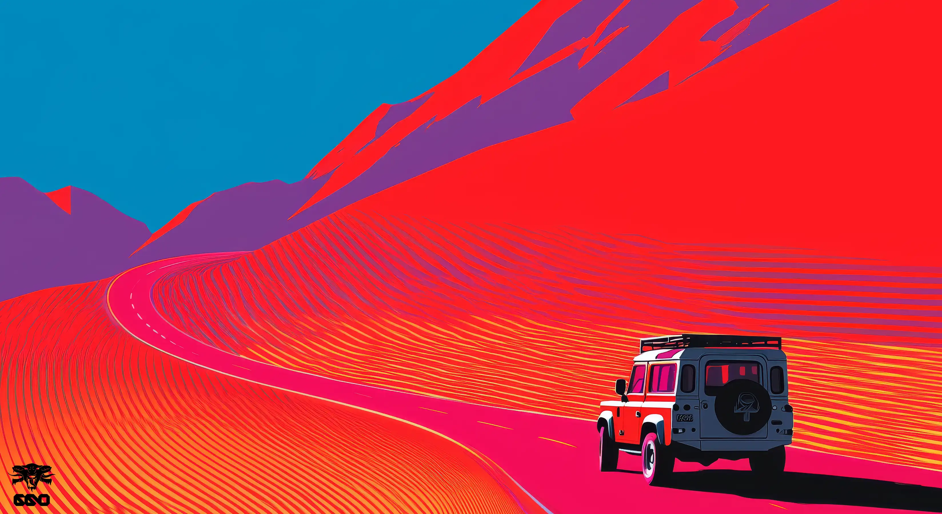 Illustration d’un 4×4 sur une route de montagne, dans un paysage rouge et violet sous un ciel bleu.