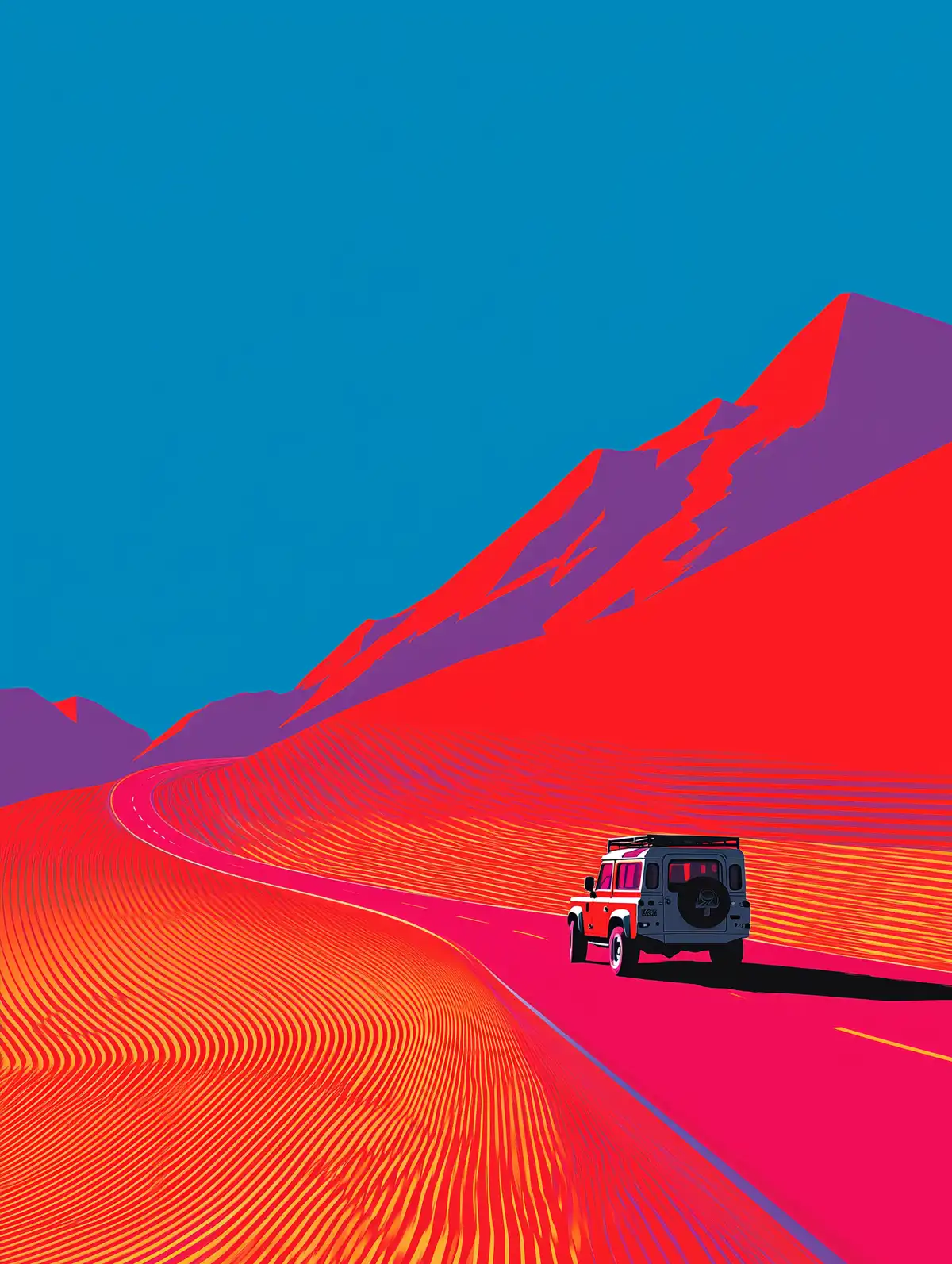 Illustration d’un 4×4 sur une route de montagne, dans un paysage rouge et violet sous un ciel bleu.