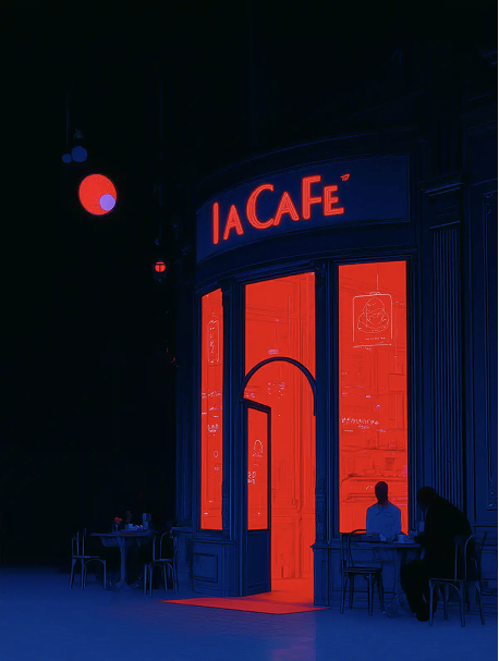 Façade nocturne d’un café éclairé en rouge, avec l’enseigne « IA CAFÉ », illustration de l’Insight sur le prompt engineering et la conversation avec l’IA.
