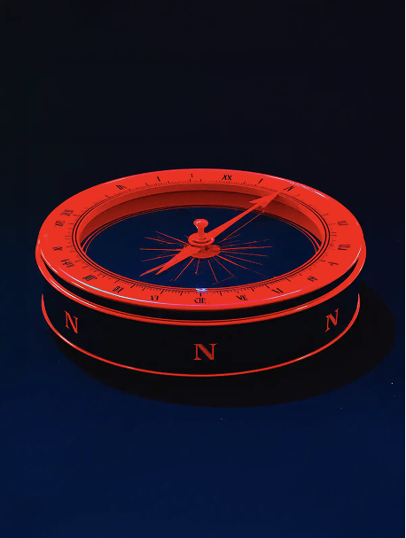 Boussole rouge sur fond bleu nuit dont tous les points cardinaux indiquent le nord.