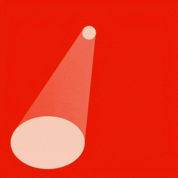 Animated spotlight on a red background, with a circular light beam expanding and contracting from a bright source.