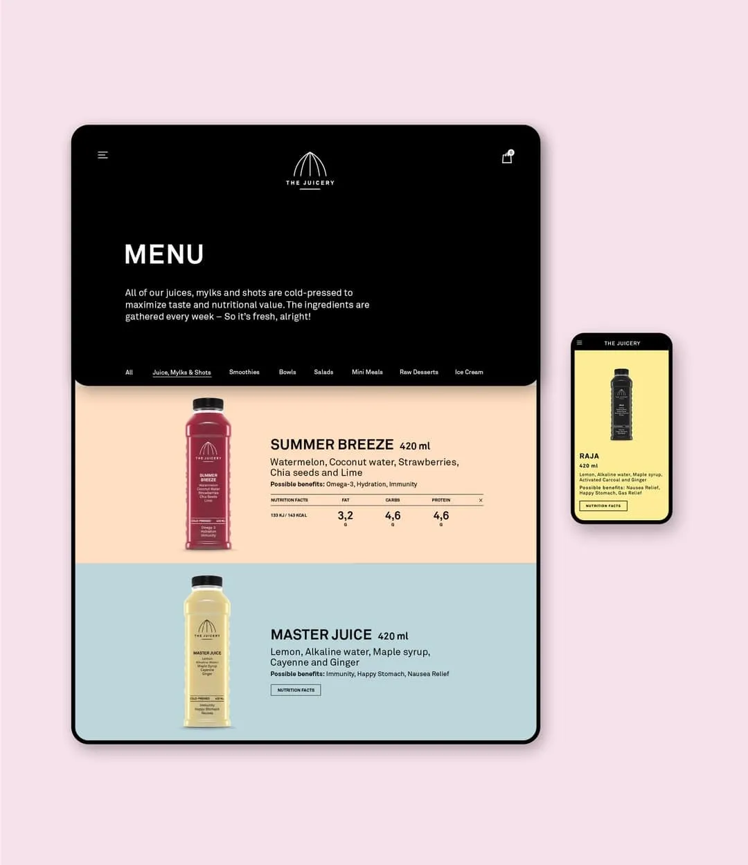 Juice e-commerce website mockup screen in desktop and in mobile.