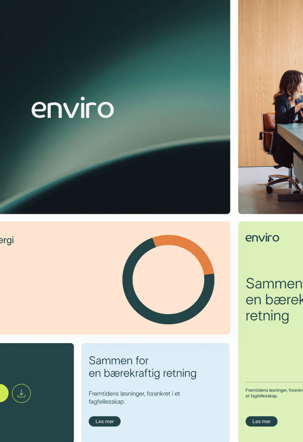 Graphic design of branding elements including a pie chart.
