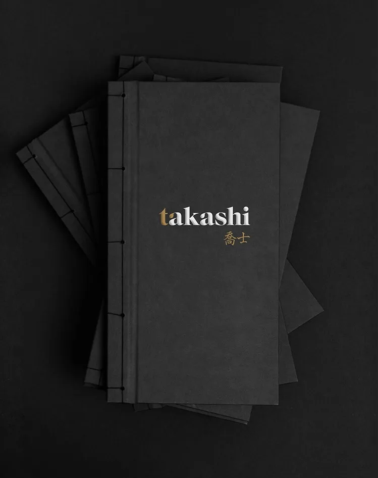 Minimalist black menu design for the Takashi brand.