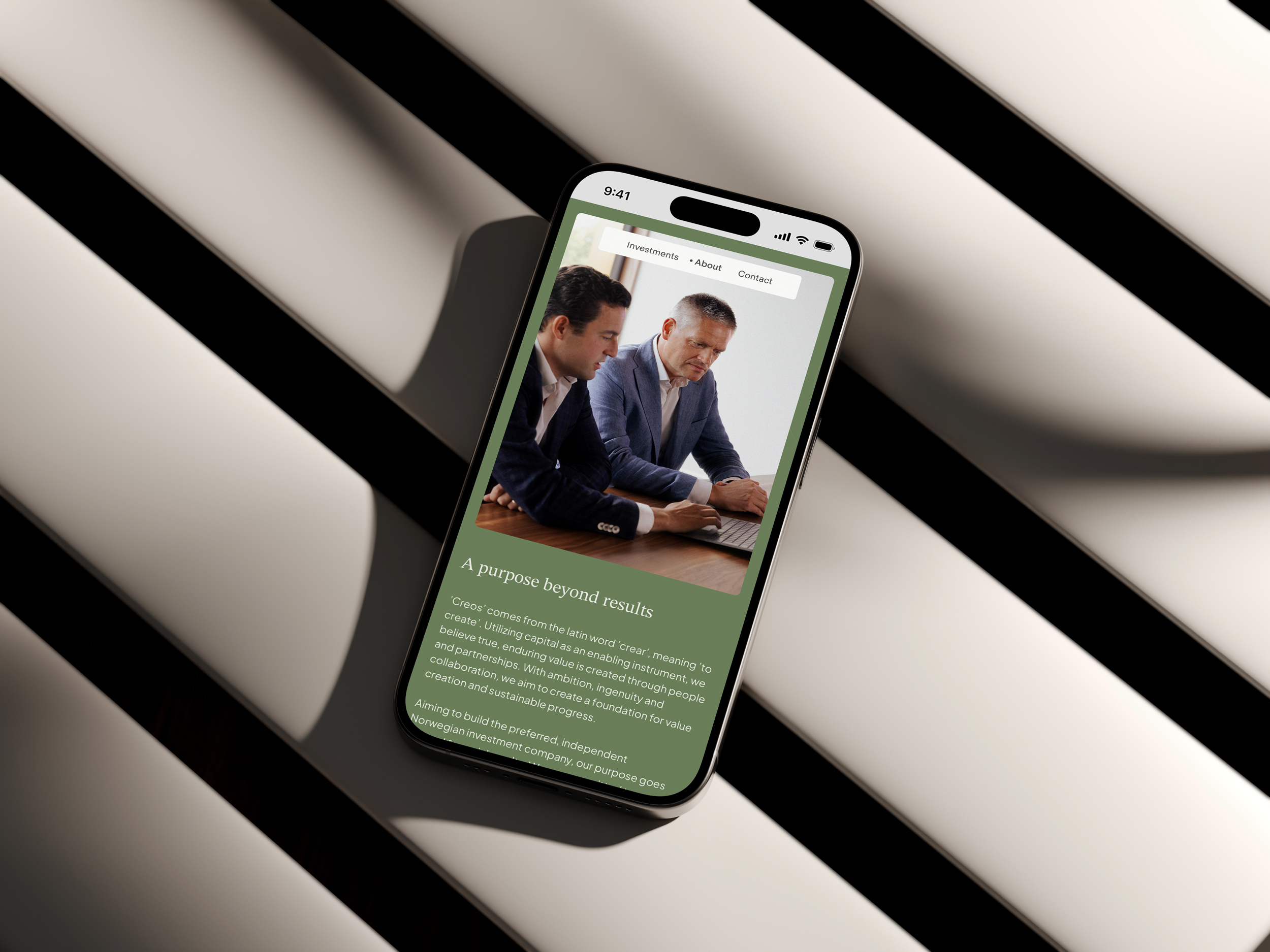 Creos website design on mobile – About page