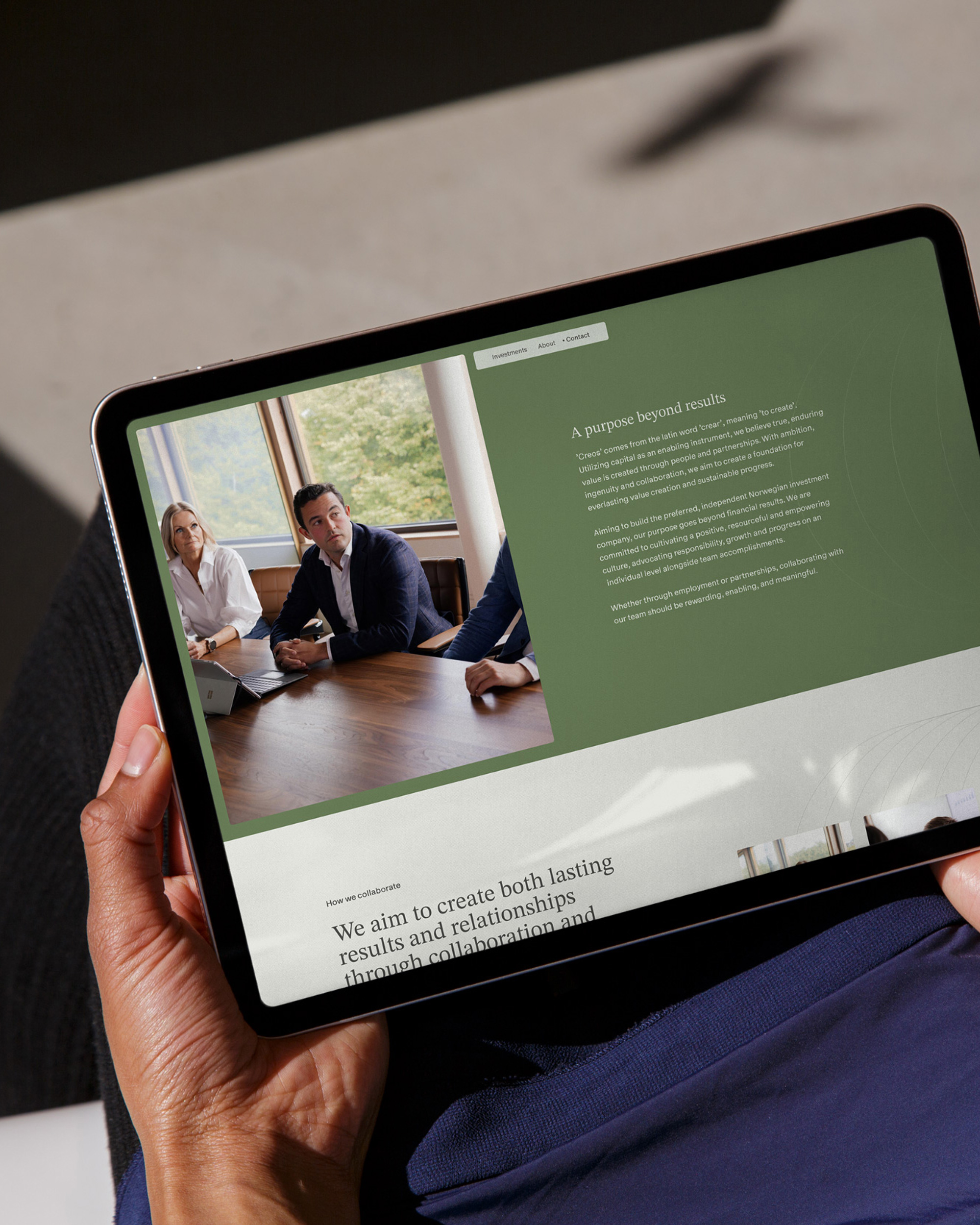 Responsive web design for Creos on tablet, pairing a meeting-room photo with a green text panel on purpose and culture.
