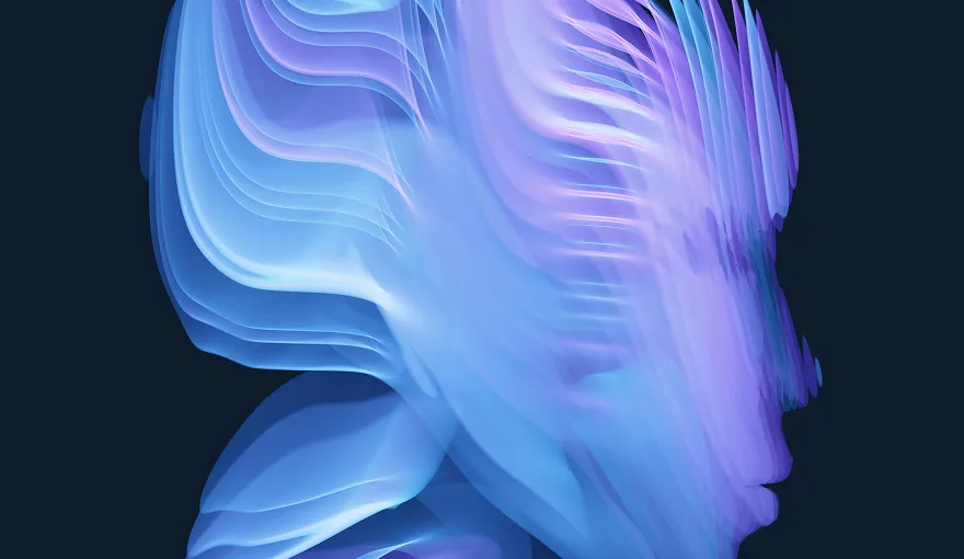 Abstract digital art of a translucent, flowing human face profile in blue and purple hues on a dark background.