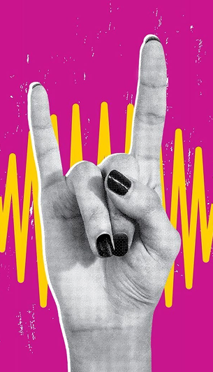 Black-and-white hand with black painted nails making a rock and roll gesture against a pink background with a yellow soundwave graphic.