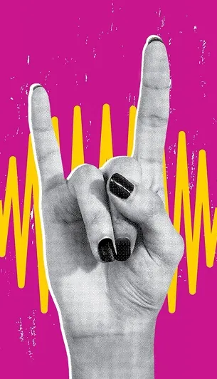 Black-and-white hand with black painted nails making a rock and roll gesture against a pink background with a yellow soundwave graphic.