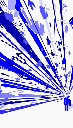 Blue silhouette of a person with numerous abstract blue shapes and arrows radiating outward, symbolizing ideas or influences.
