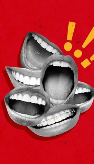Collage of open mouths with visible teeth and tongue on a red background with yellow exclamation marks.