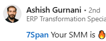 Profile picture of a man with a beard smiling next to the text 'Ashish Gurnani • 2nd ERP Transformation Specialist' and message preview '7Span Your SMM is' with a fire emoji.