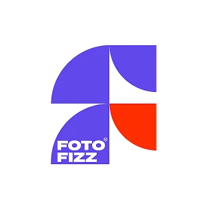 Abstract geometric logo with blue and red shapes and the text 'FOTO FIZZ' in white on a blue background.