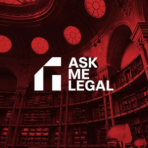 Interior of a classical library with ornate ceiling and bookshelves, overlaid with the white Ask Me Legal logo.