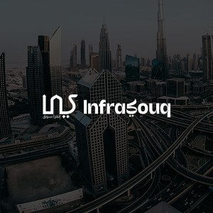 Aerial view of Dubai skyscrapers and highways with Infrasouq logo overlayed.