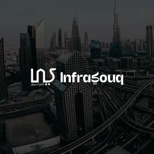 Aerial view of Dubai skyscrapers and highways with Infrasouq logo overlayed.