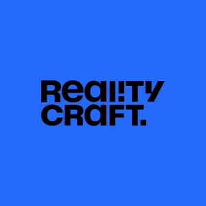 Black text logo 'REALITY CRAFT.' centered on a blue background.