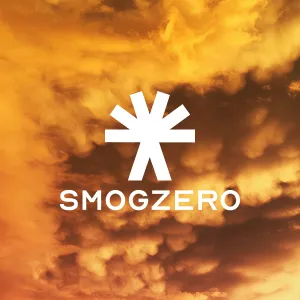 White SmogZero logo with stylized sun and cross shape over orange cloudy sky background.