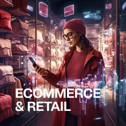 Woman in a hat and glasses using a smartphone in a retail store with digital holograms and 'Ecommerce & Retail' text overlay.