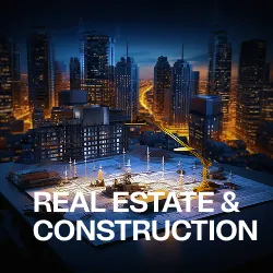 Modern city skyline at night with illuminated roads and buildings, featuring a large lit-up construction site model and text Real Estate & Construction.
