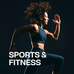Athletic woman with curly hair running against a dark background with Sports & Fitness text.