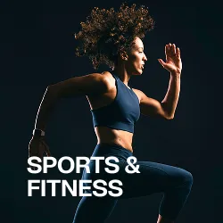 Athletic woman with curly hair running against a dark background with Sports & Fitness text.