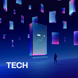 Silhouette of a person standing and observing floating digital data screens with graphs and charts against a dark blue background.