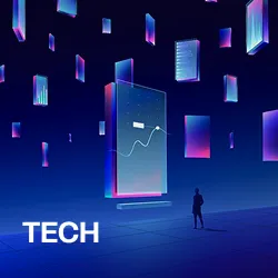 Silhouette of a person standing and observing floating digital data screens with graphs and charts against a dark blue background.