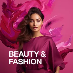 Woman with long brown hair in a flowing magenta dress against a pink and purple abstract background with the text 'Beauty & Fashion'.