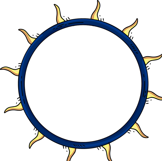 Blue circular frame with yellow, flame-like protrusions evenly spaced around the outer edge.
