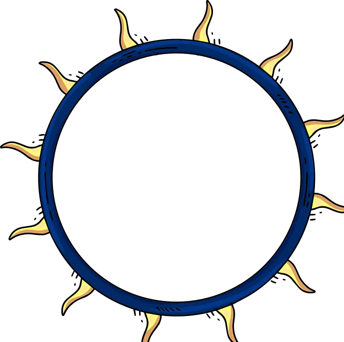 Blue circular frame with yellow, flame-like protrusions evenly spaced around the outer edge.