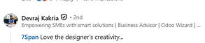 LinkedIn post by Devraj Kakria sharing a link to 7Span's website with a caption praising their design quality.