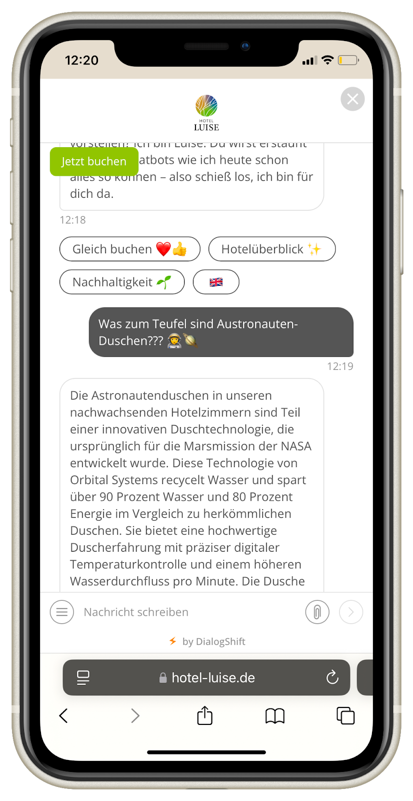 Chatbot AI mit Chatverlauf vom Hotel Luise zeigt digitale und automatisierte Gästekommunikation.