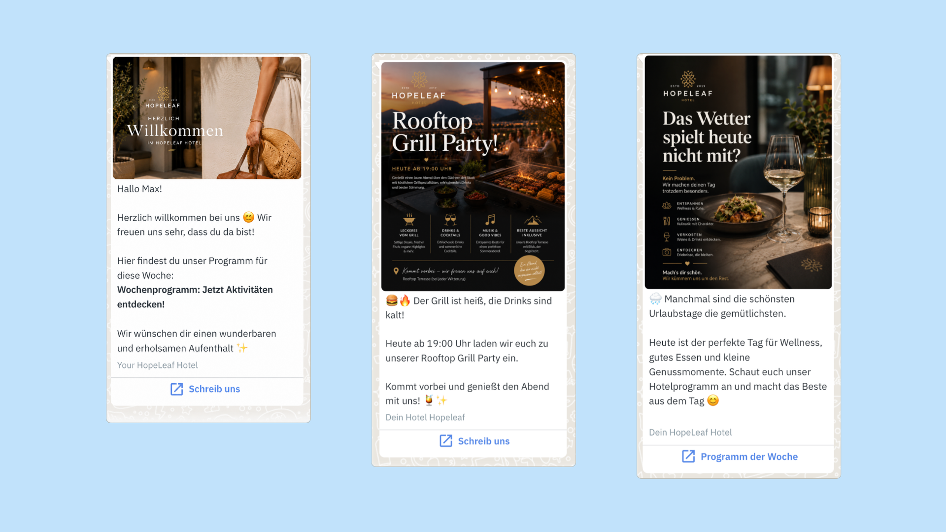 Drei WhatsApp Beispielnachrichten: Willkommensnachricht, Einladung zur Rooftop Grill Party und ein wetterabhängiger Hinweis