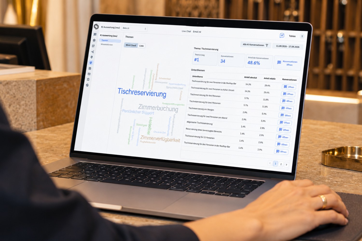 Laptop an der Hotelrezeption mit der DialogShift KI Auswertung: Word Cloud der Gästethemen und Unterthemen zur Tischreservierung
