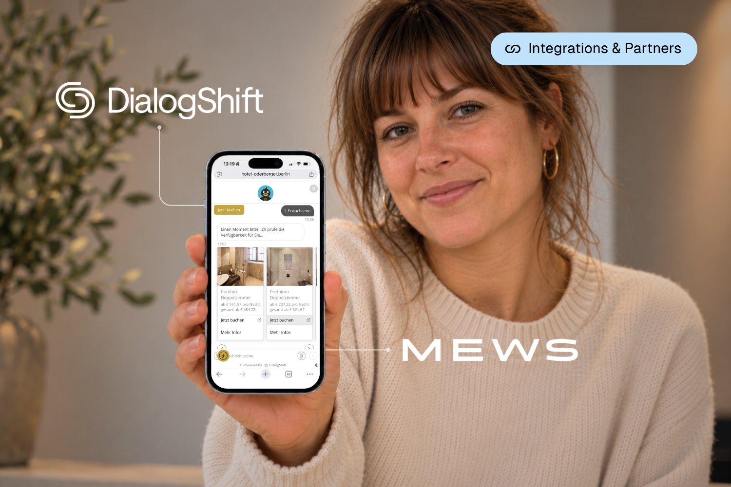 Hotel guest showing the DialogShift chat on a smartphone with real-time room offers from the Mews PMS