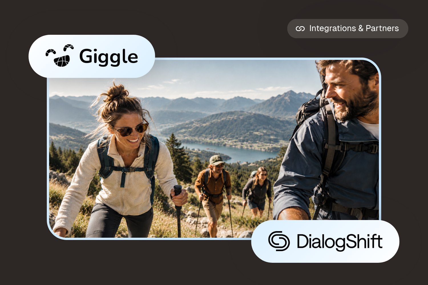 Hotel guests hiking in the mountains with the Giggle.tips and DialogShift logos, representing the integration along the guest journey