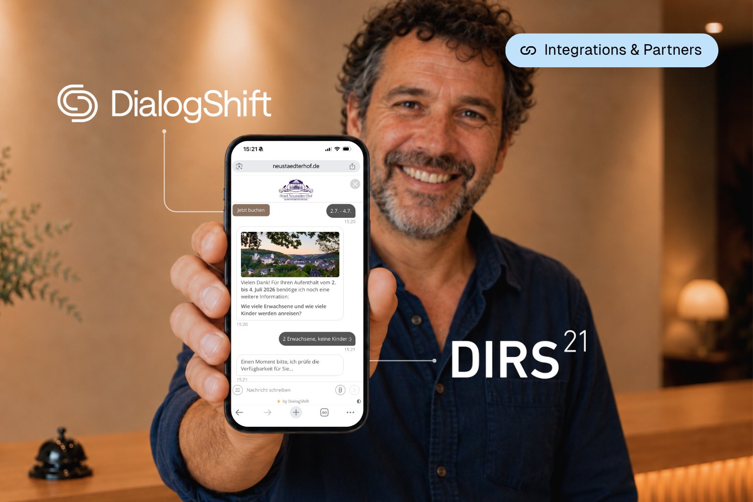 Hotelier showing the DialogShift Booking Agent on a smartphone, connected to DIRS21