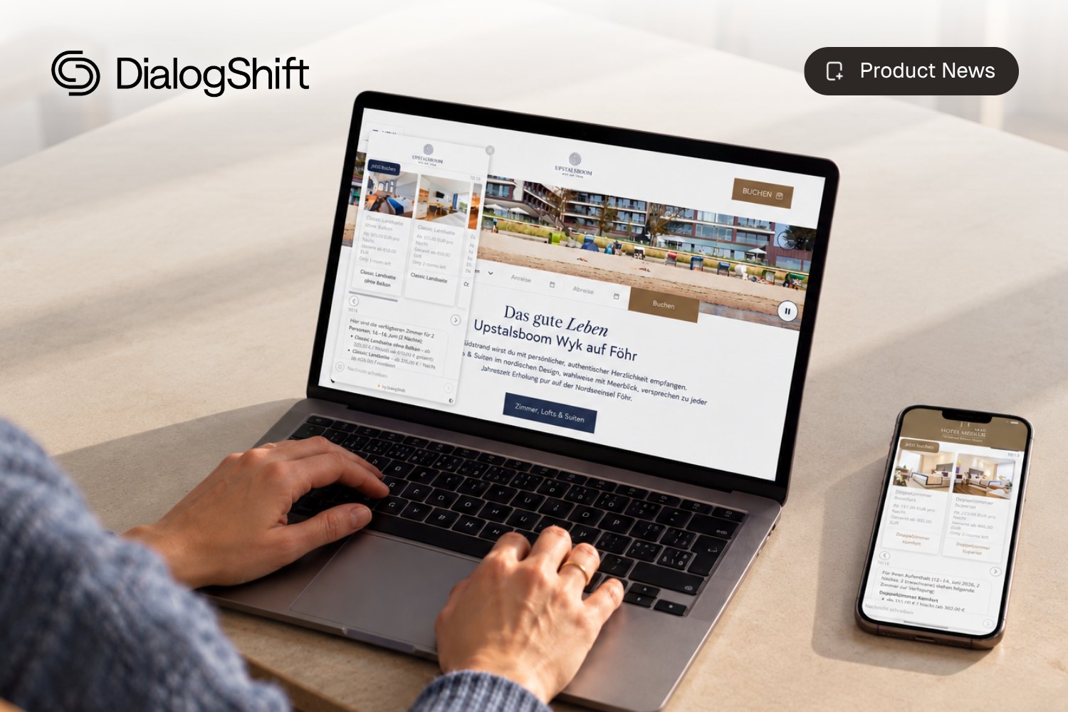 Hotel website with the DialogShift Booking Agent in the chat on a laptop and smartphone