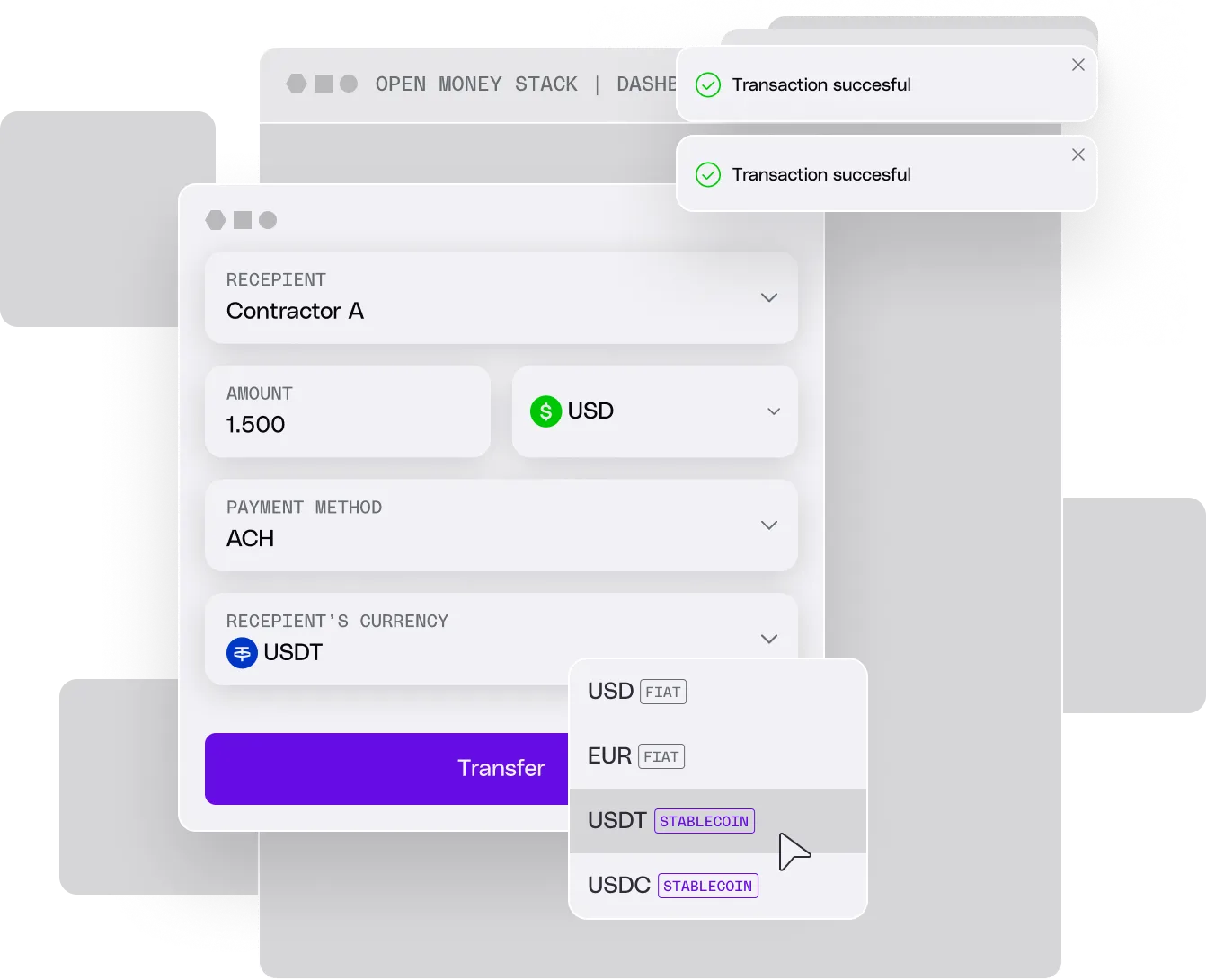 User interface showing a money transfer form with recipient Contractor A, amount 1.500 USD, payment method ACH, recipient currency USDT stablecoin selected, and two notifications indicating successful transactions.