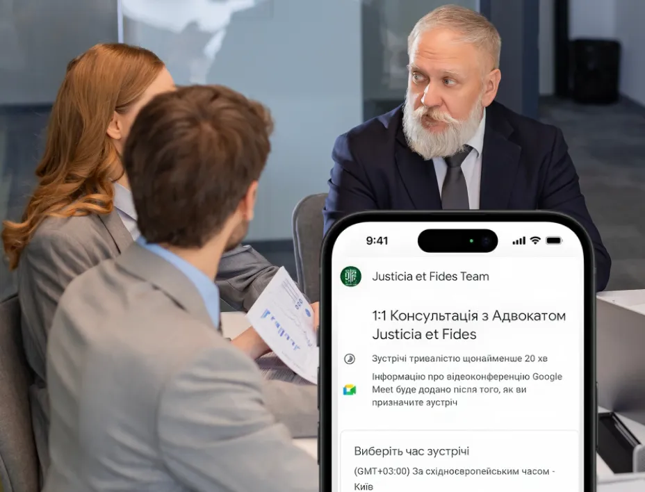 Three business professionals in suits engaged in a discussion in an office, with a phone screen in the foreground showing a Google Meet legal consultation booking page in Ukrainian.
