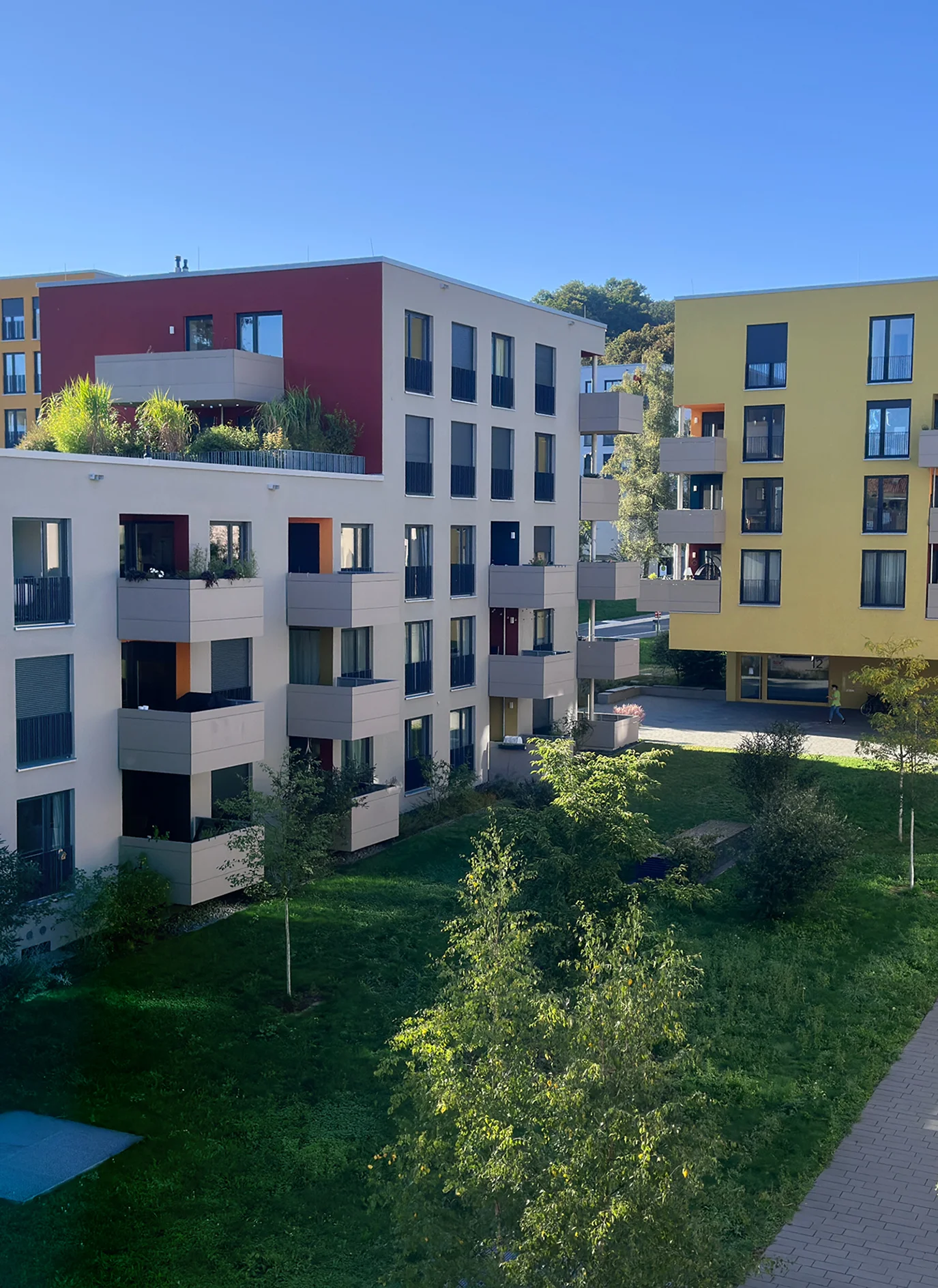 Moderne Wohngebäude mit Balkonen, grünen Rasenflächen und Bäumen unter klarem blauem Himmel.