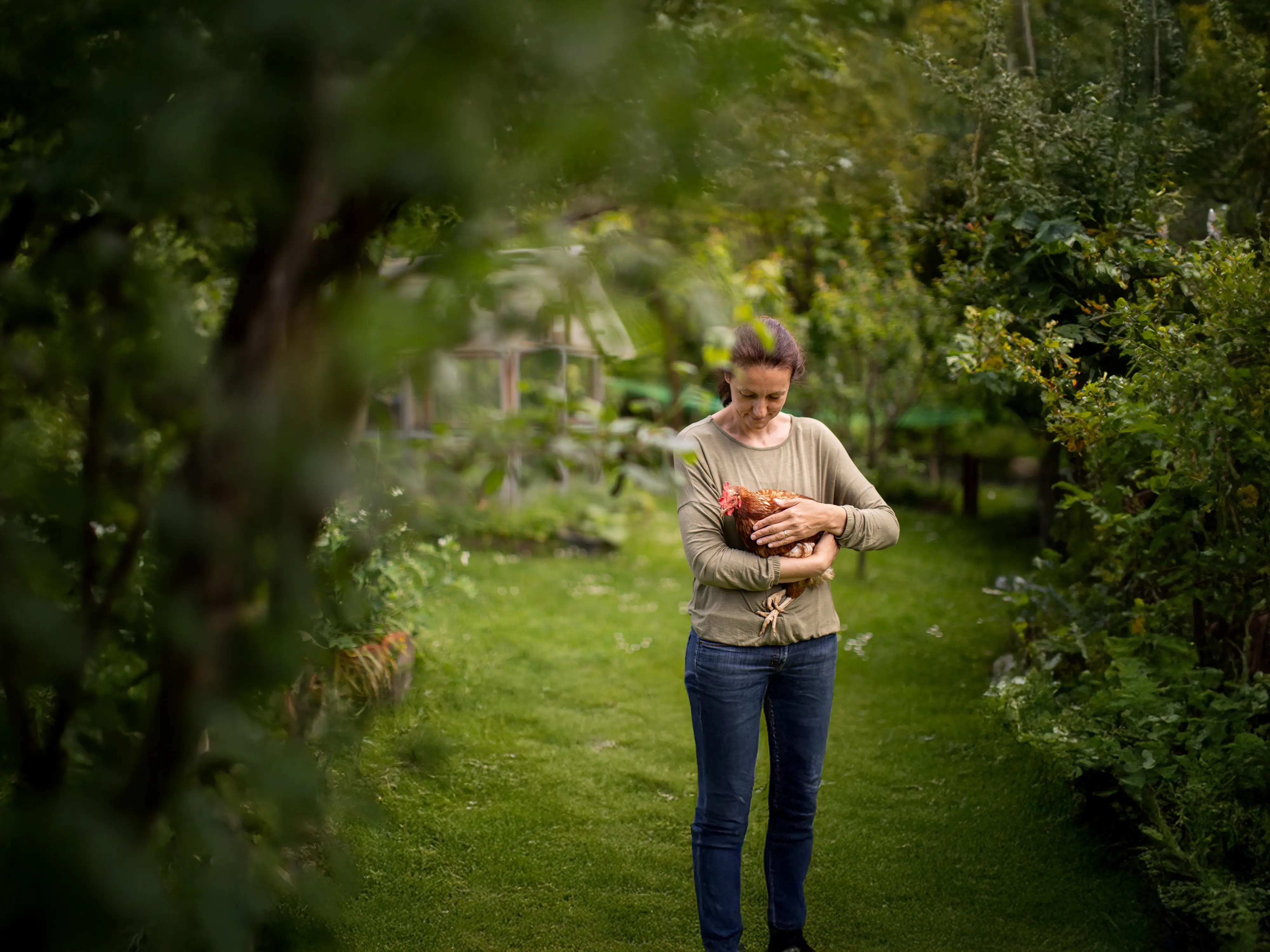 Frau steht auf einem Rasenweg in einem Garten und hält ein Huhn in den Armen.
