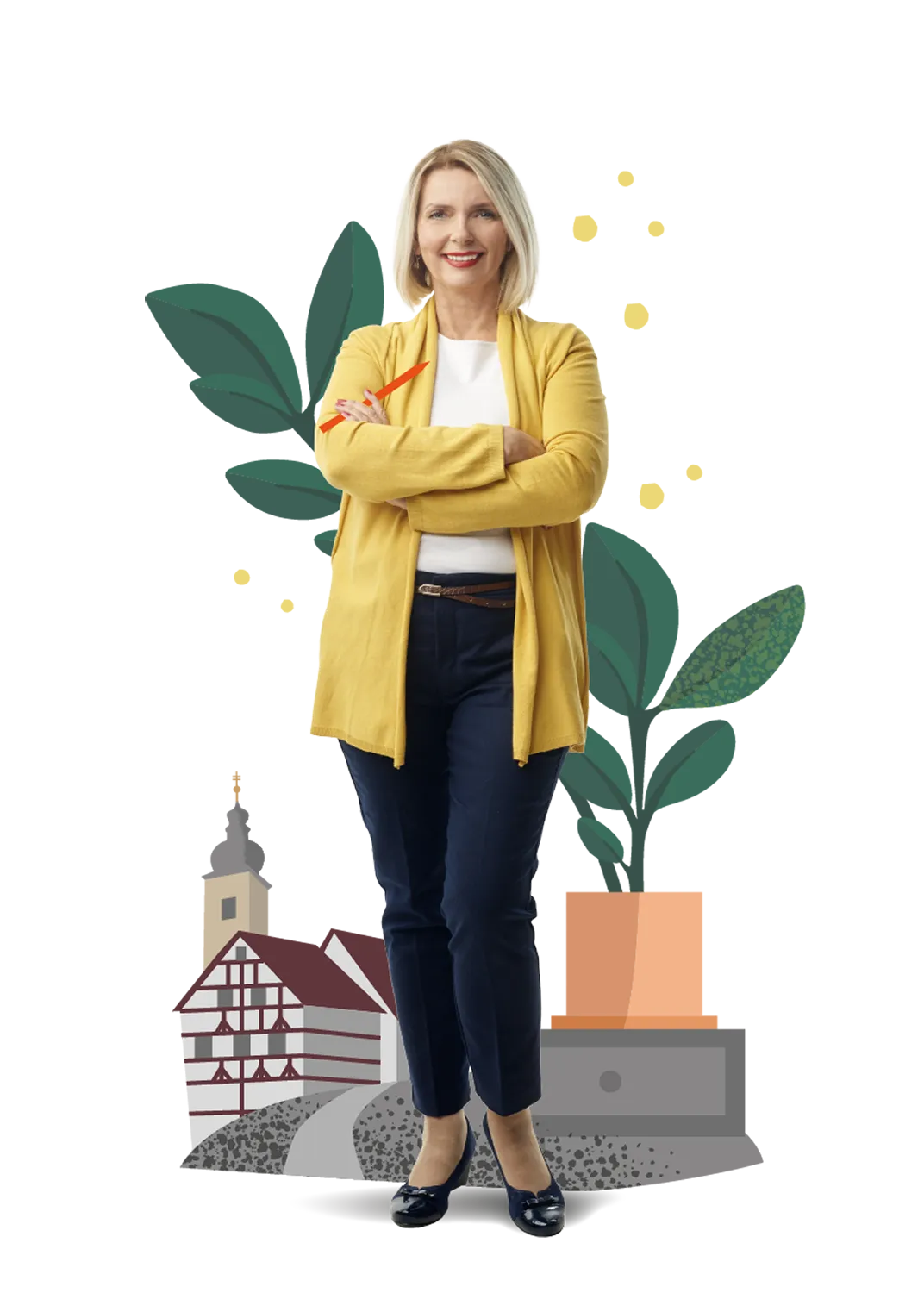 Frau mit blonden Haaren, gelber Jacke und dunkelblauer Hose, die mit verschränkten Armen und einem Stift lächelnd steht.