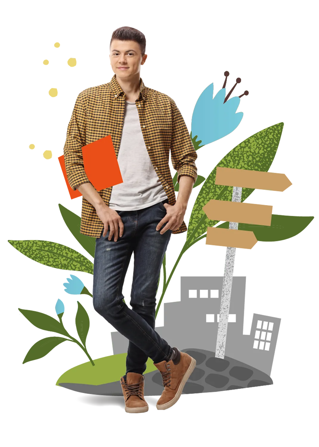 Junger Mann in kariertem Hemd, Jeans und braunen Schuhen, vor Zeichnung mit Haus, Blumen und Wegweisern.