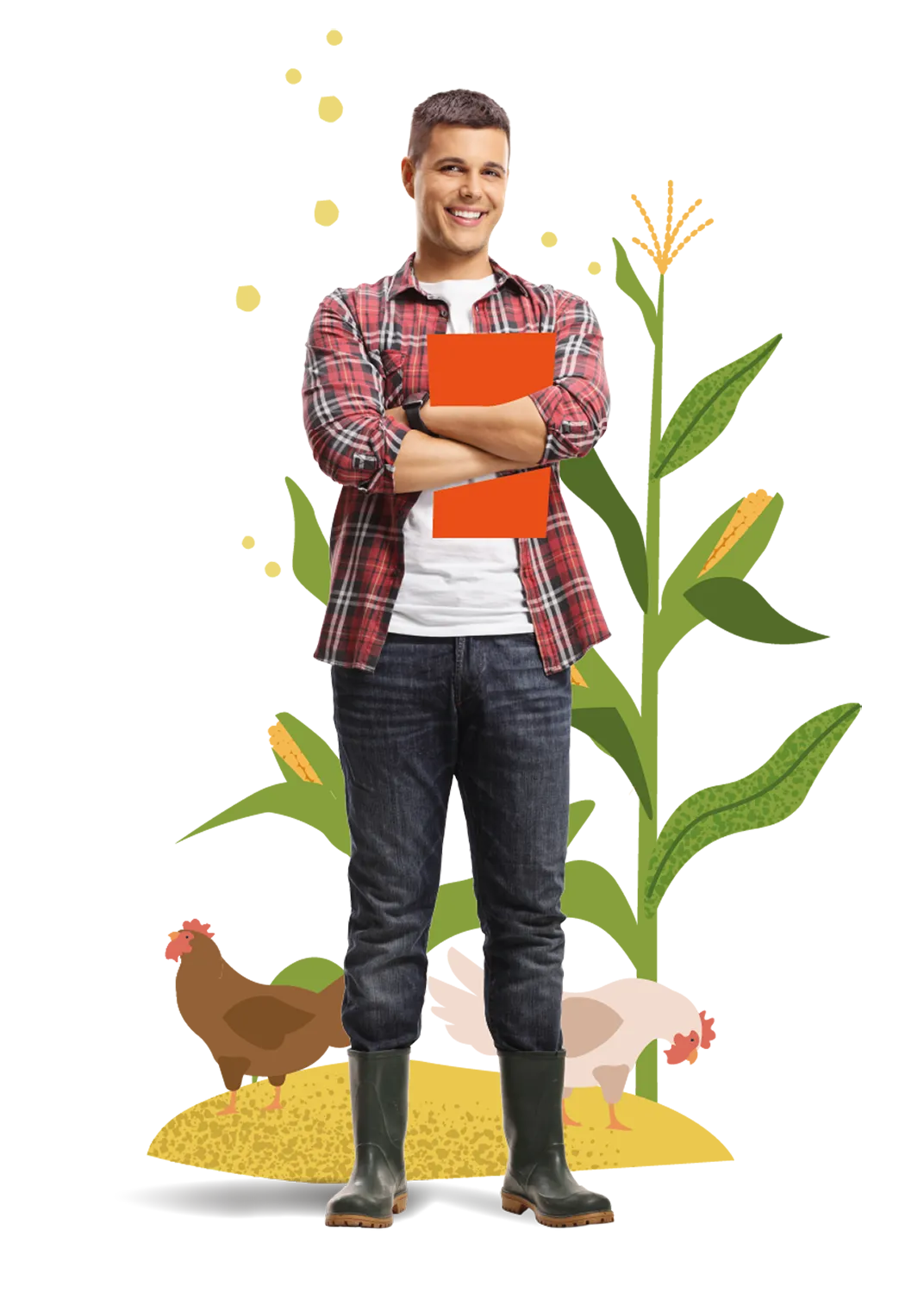 Junger Mann in Gummistiefeln und kariertem Hemd hält Ordner vor einer Illustration mit Hühnern und Getreide.