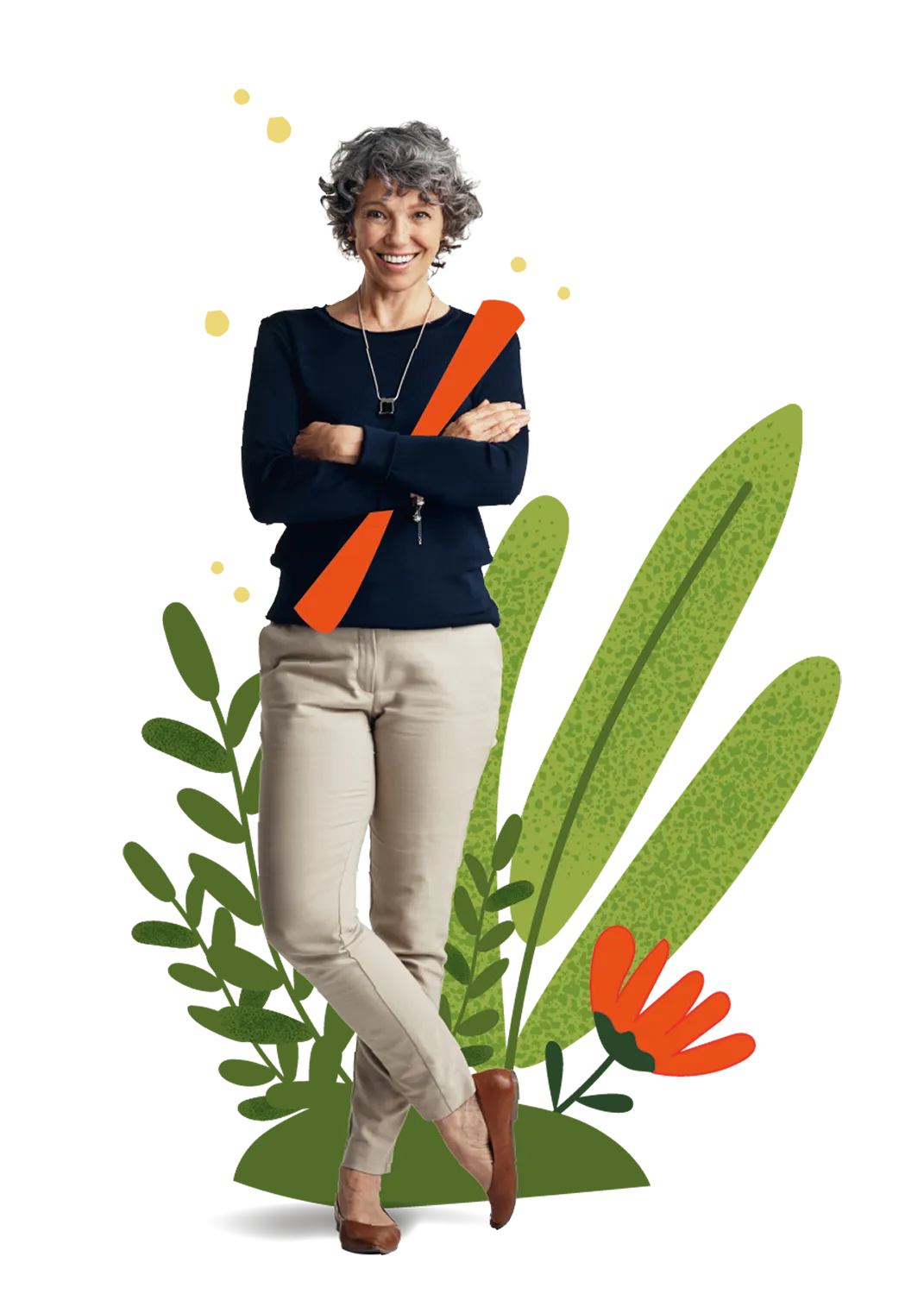 Frau mit kurzen grauen Locken, die lächelnd vor einer grünen und bunten grafischen Hintergrundgestaltung steht, bekleidet mit einem dunkelblauen Pullover, beigen Hosen und braunen Schuhen.